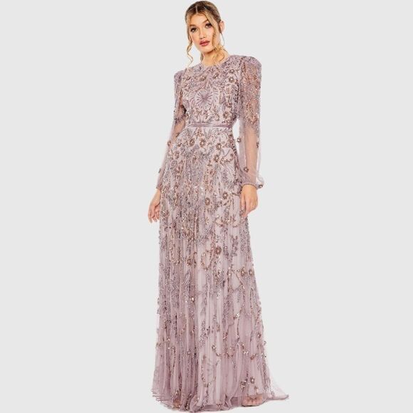 MAC DUGGAL $798 93930 Purple Puff Sleeve Embellished A Line Gown Dress - Picture 2 of 14